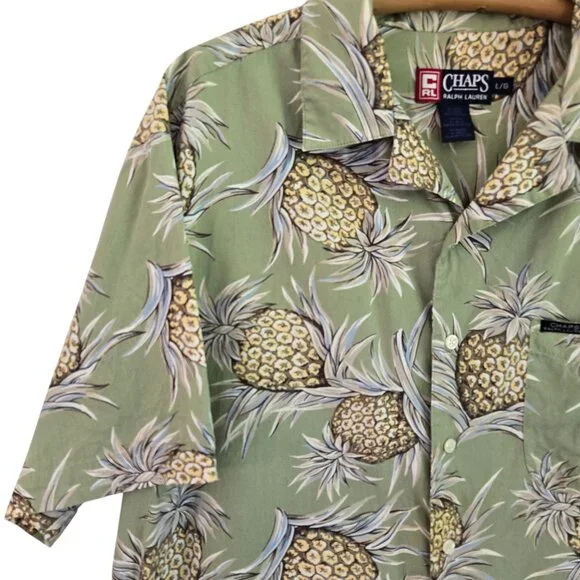 Chaps Ralph Lauren Mens Green Pineapple Print Hawaiian Short Sleeve Shirt Large - Picture 4 of 11